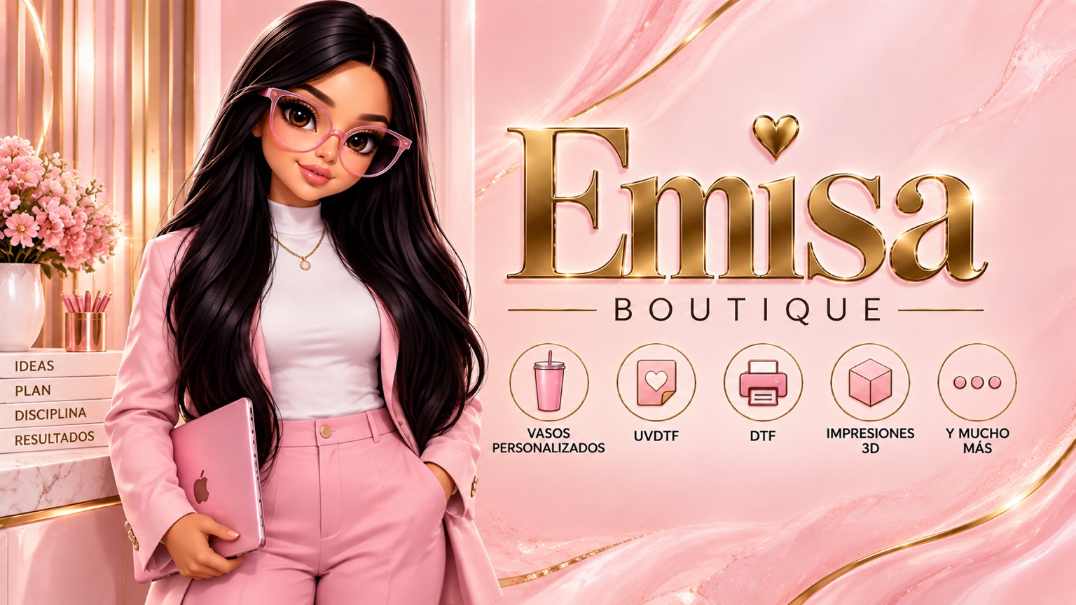 Emisa Boutique in pink and gold offering personalized cups, UVDTF, DTF, 3D printing, and more